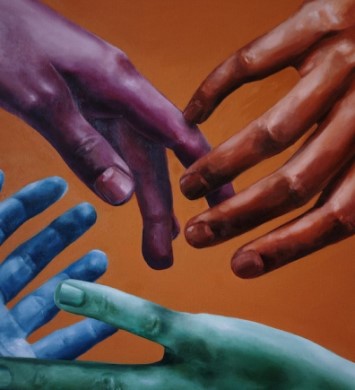 hands of many colours, reaching for each other